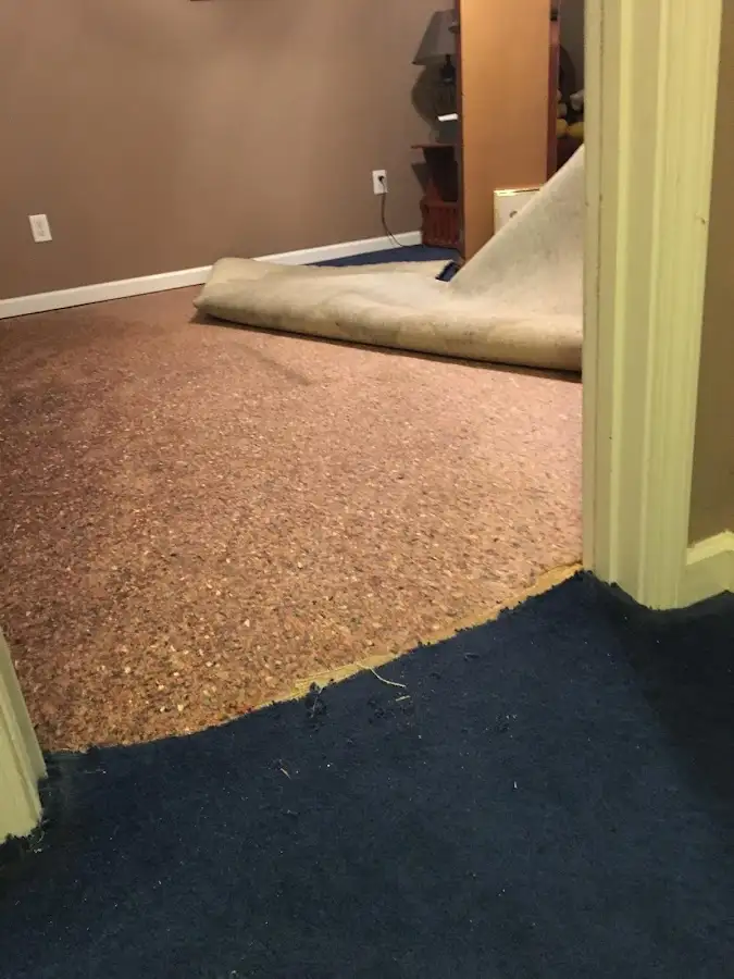 Carpet pad removal revealing water damage during Water Mitigation Services in South Weber